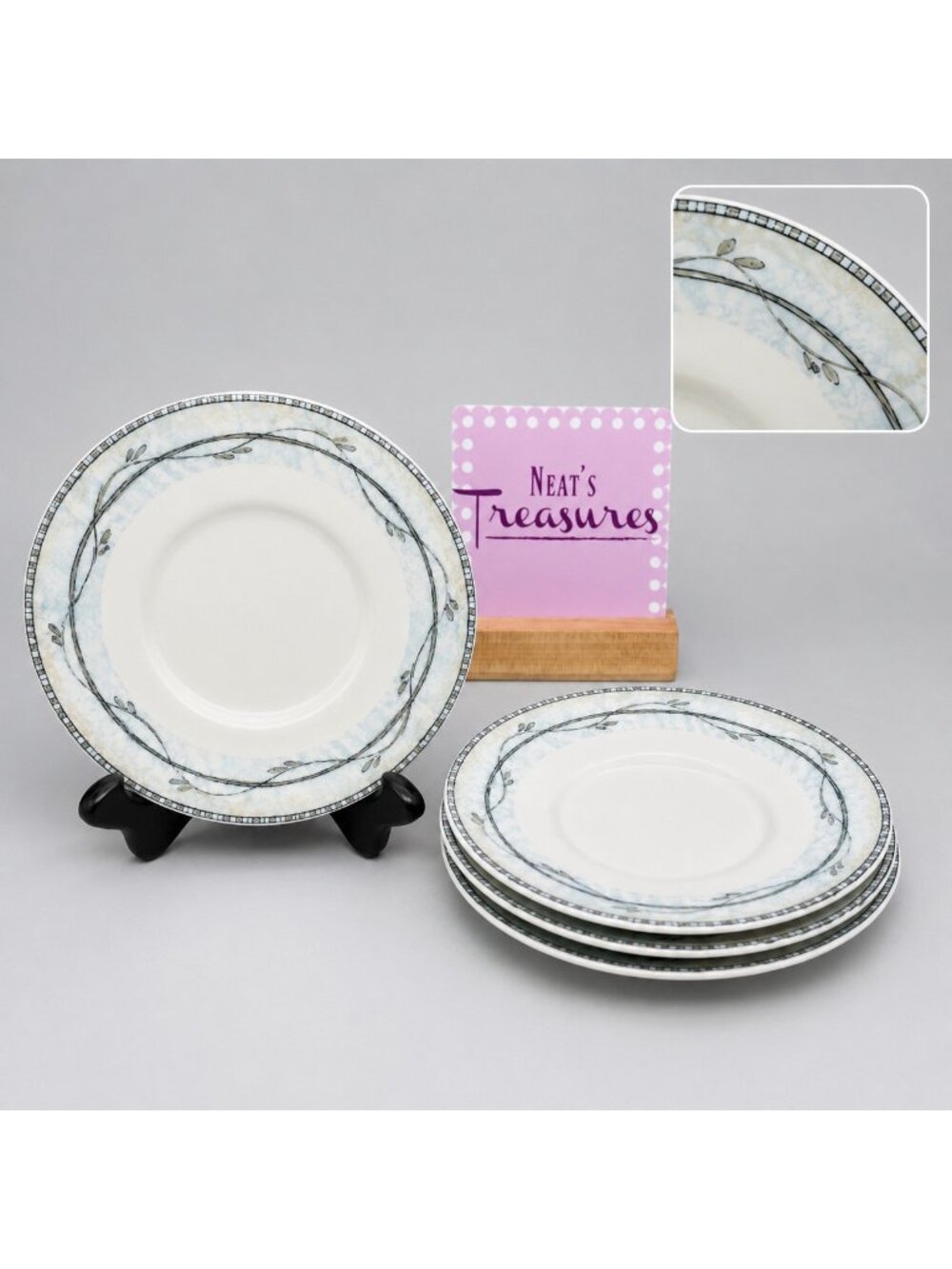 American Atelier FRUIT TOILE 5271 White Gray Floral Vine Porcelain Saucer Set 4